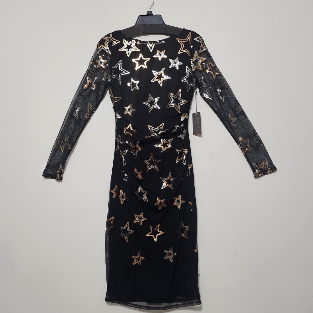 Vince Camuto Dress 4 Black Knee-Lenght Long Sleeves Ruched Waist Sequin Star 932